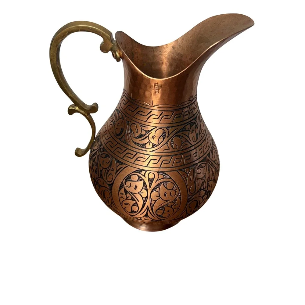 DEMMEX Engraved Turkish Copper Pitcher Handmade Ewer Vessel‎ Vase Folk moroccan